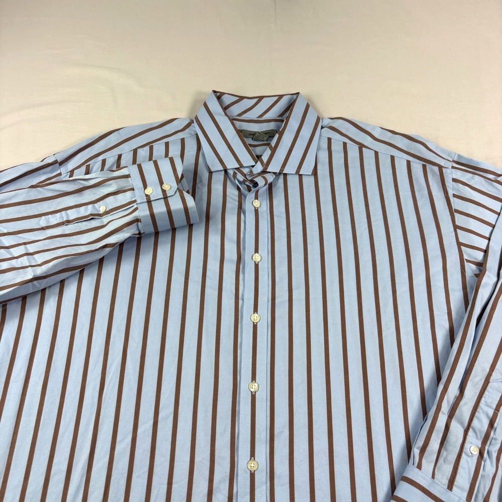 Johnston Murphy Shirt Mens 2XL Blue Brown Striped Button Up Formal Casual Cotton